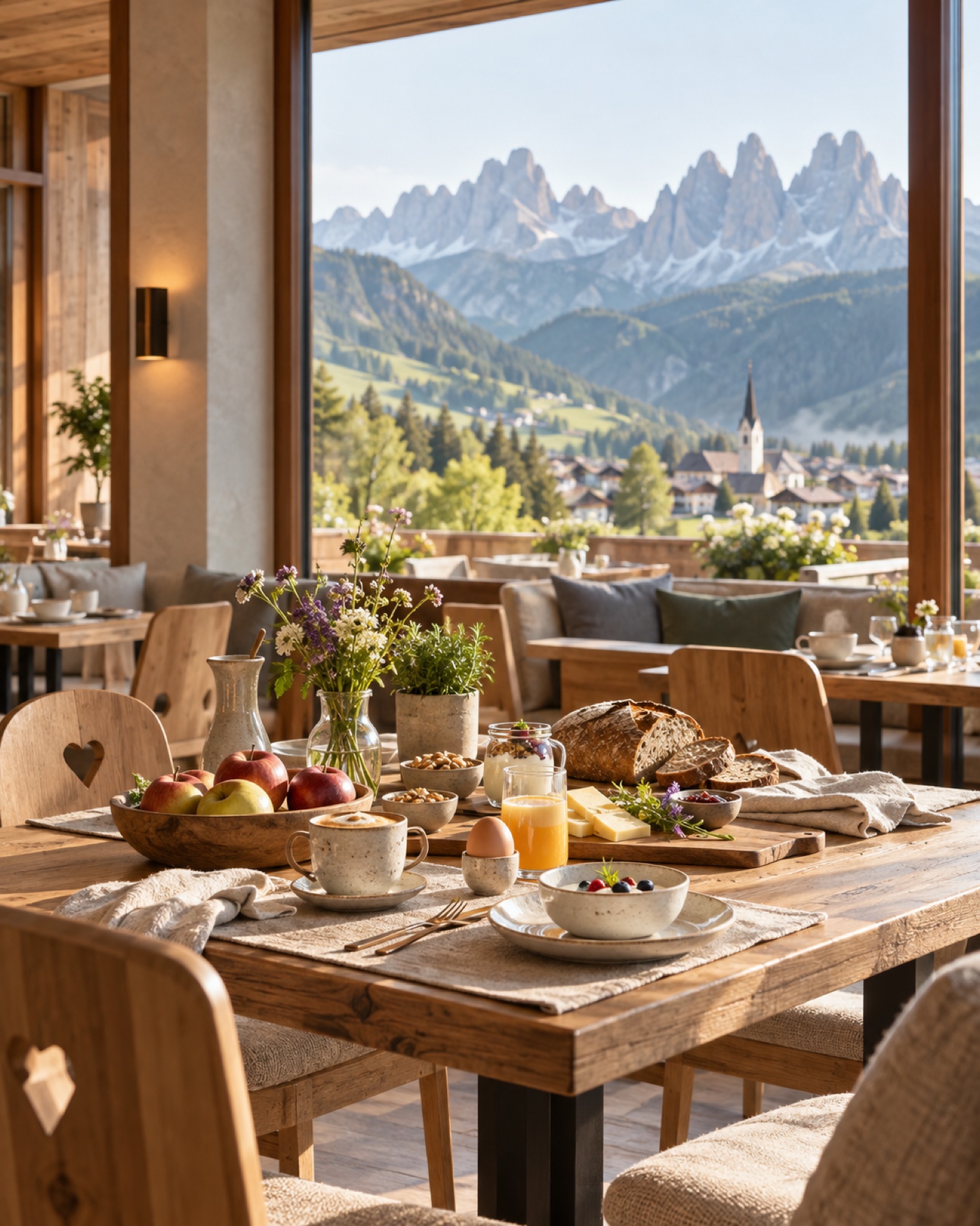 Frühstückstisch mit regionalen Produkten und Blick auf die Dolomiten in einem Südtiroler Hotel