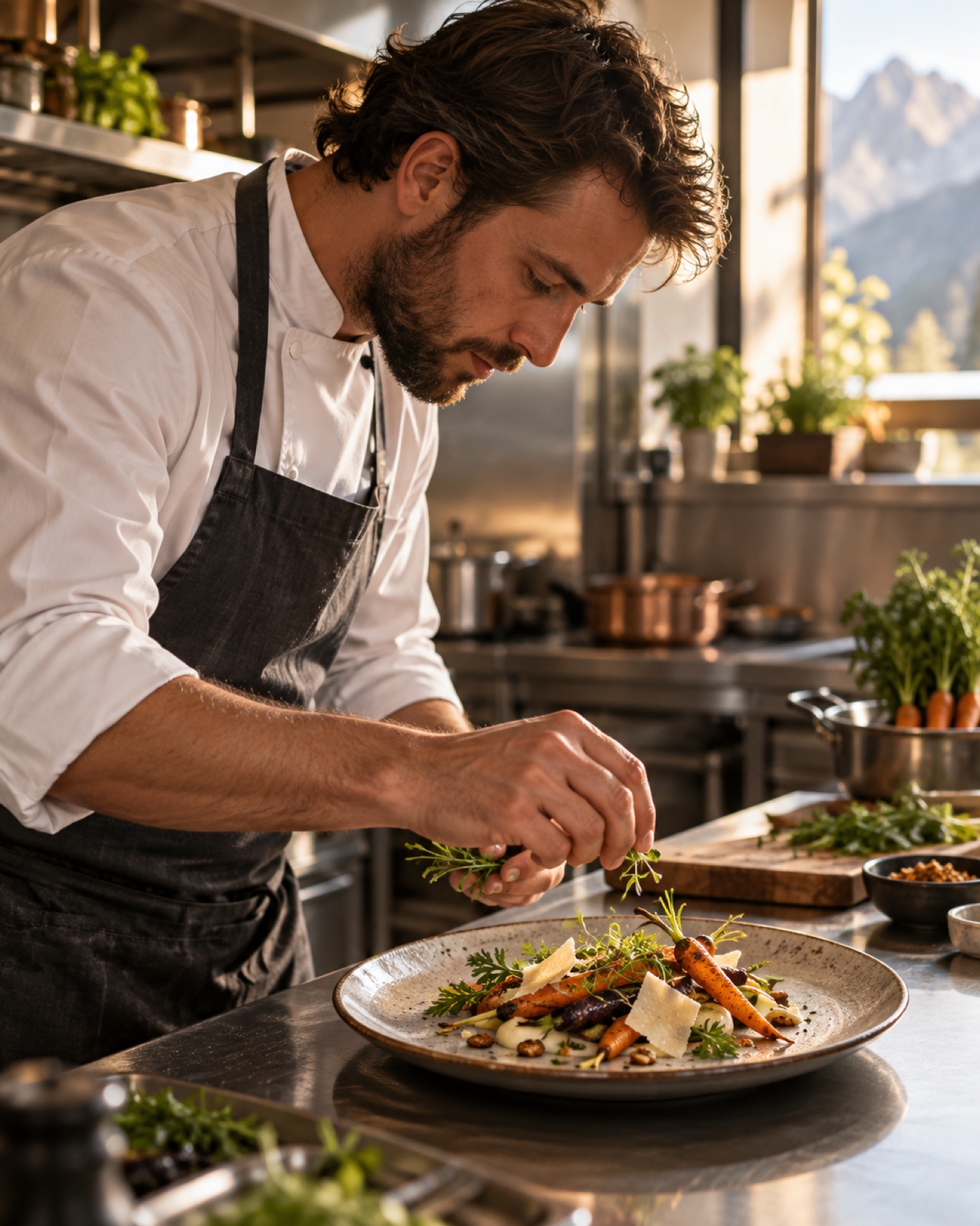 Koch richtet ein saisonales Gericht mit regionalen Zutaten in einer Südtiroler Restaurantküche an
