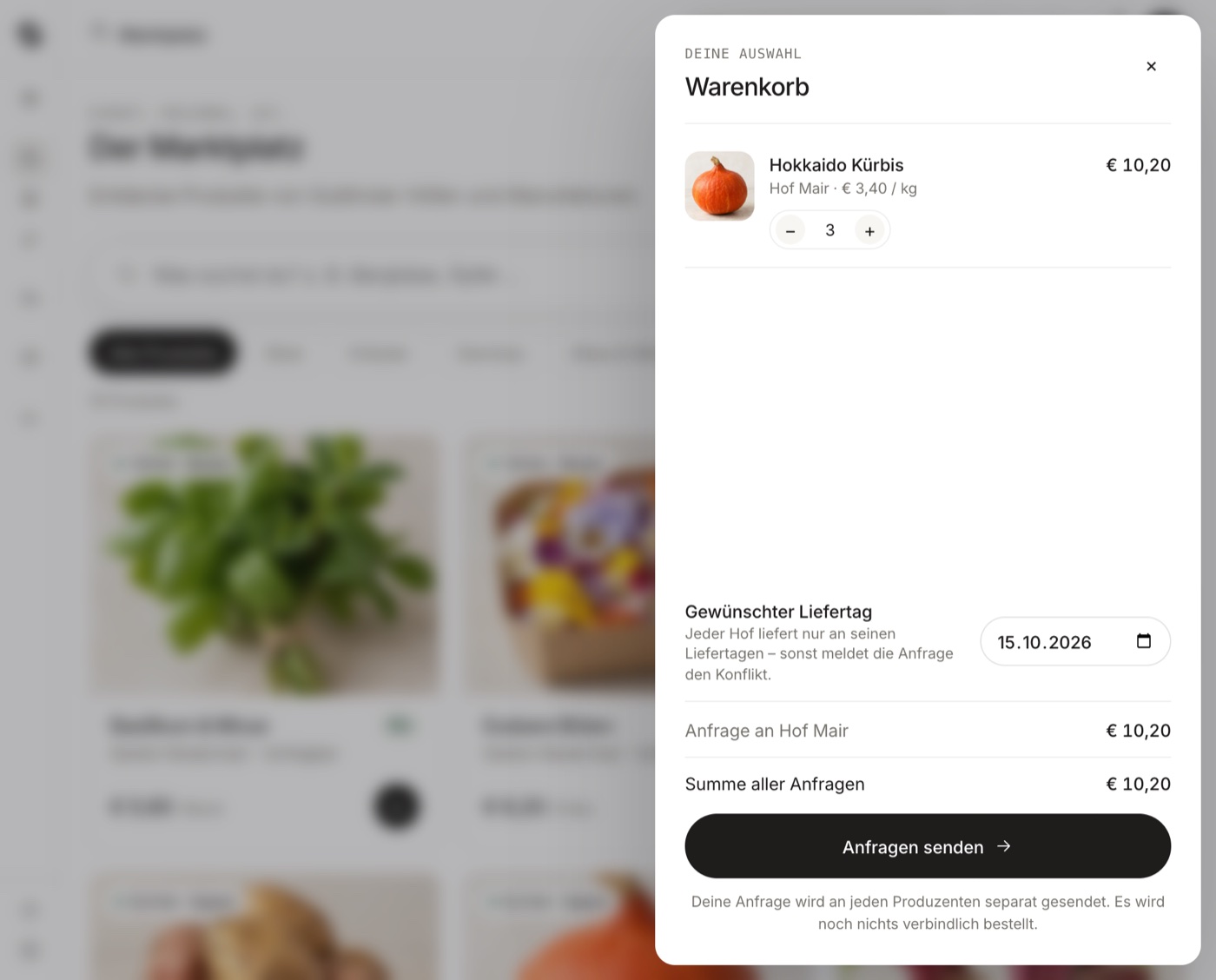 Warenkorb mit gewünschtem Liefertag und einer Anfrage pro Hof