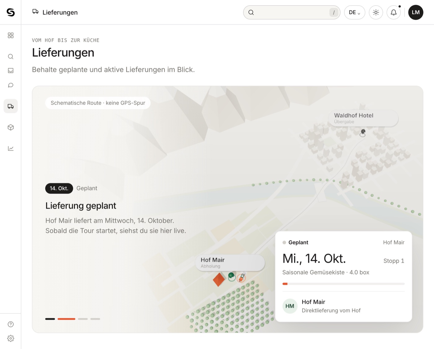 Geplante Lieferung von Hof Mair auf der Karte mit Status und Liefertag