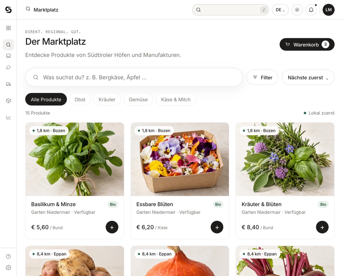 Marktplatz mit Produkten aus der Umgebung, Entfernung, Preis und Kategorien